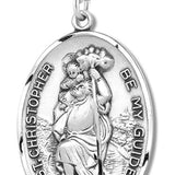 Men's Sterling Silver Oval Saint Christopher Be My Guide Necklace with Chain - 24&quot; Sterling Silver Chain + Clasp