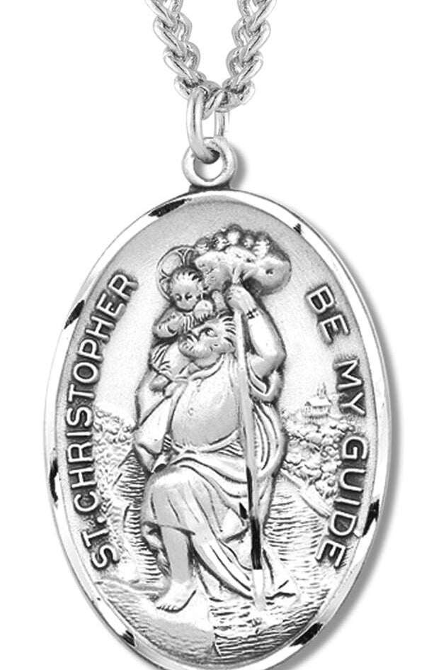Men's Sterling Silver Oval Saint Christopher Be My Guide Necklace with Chain - 24&quot; Sterling Silver Chain + Clasp