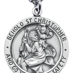 Men's Sterling Silver Round Saint Christopher Necklace - 24&quot; Sterling Silver Chain + Clasp