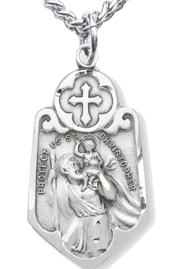 Men's Sterling Silver Shield Shape Saint Christopher Necklace with Cross Top with Chain Options - 24&quot; Sterling Silver Chain + Clasp