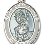 St. Christopher Medal with White Border, Sterling Silver, Large - No Chain