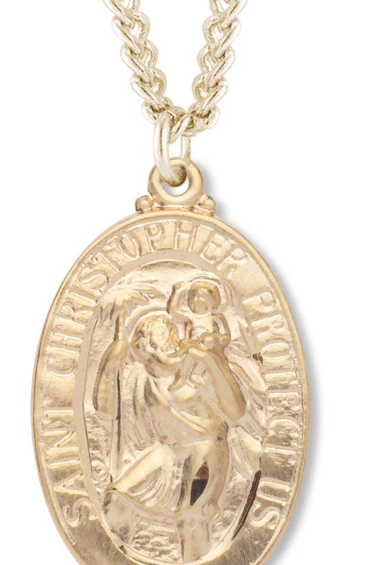 Women's 14kt Gold Plated Oval Saint Christopher Necklace + 18 Inch Gold Plated Chain &amp; Clasp - Gold-tone