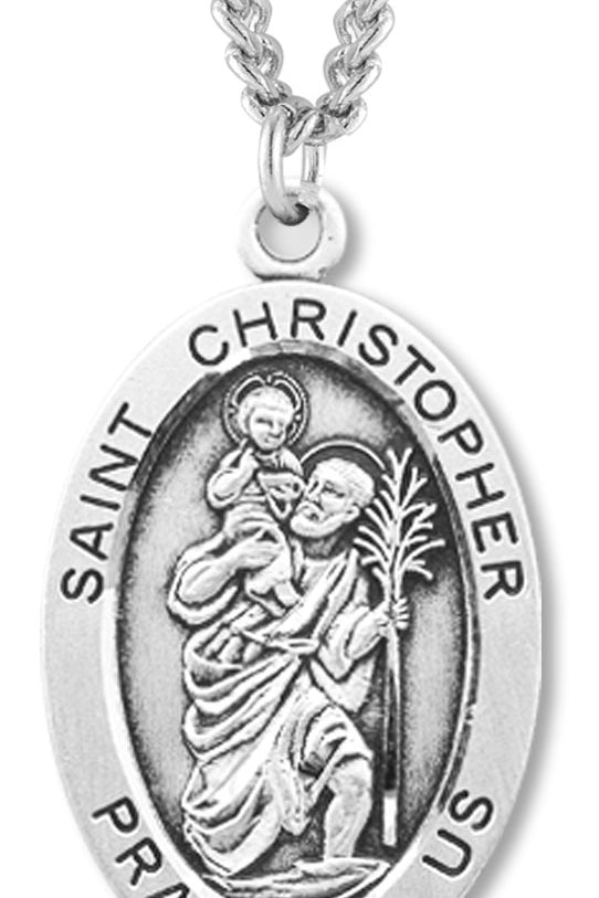 Men's Saint Christopher Sterling Silver Oval Necklace with Chain Options - 24&quot; Sterling Silver Chain + Clasp