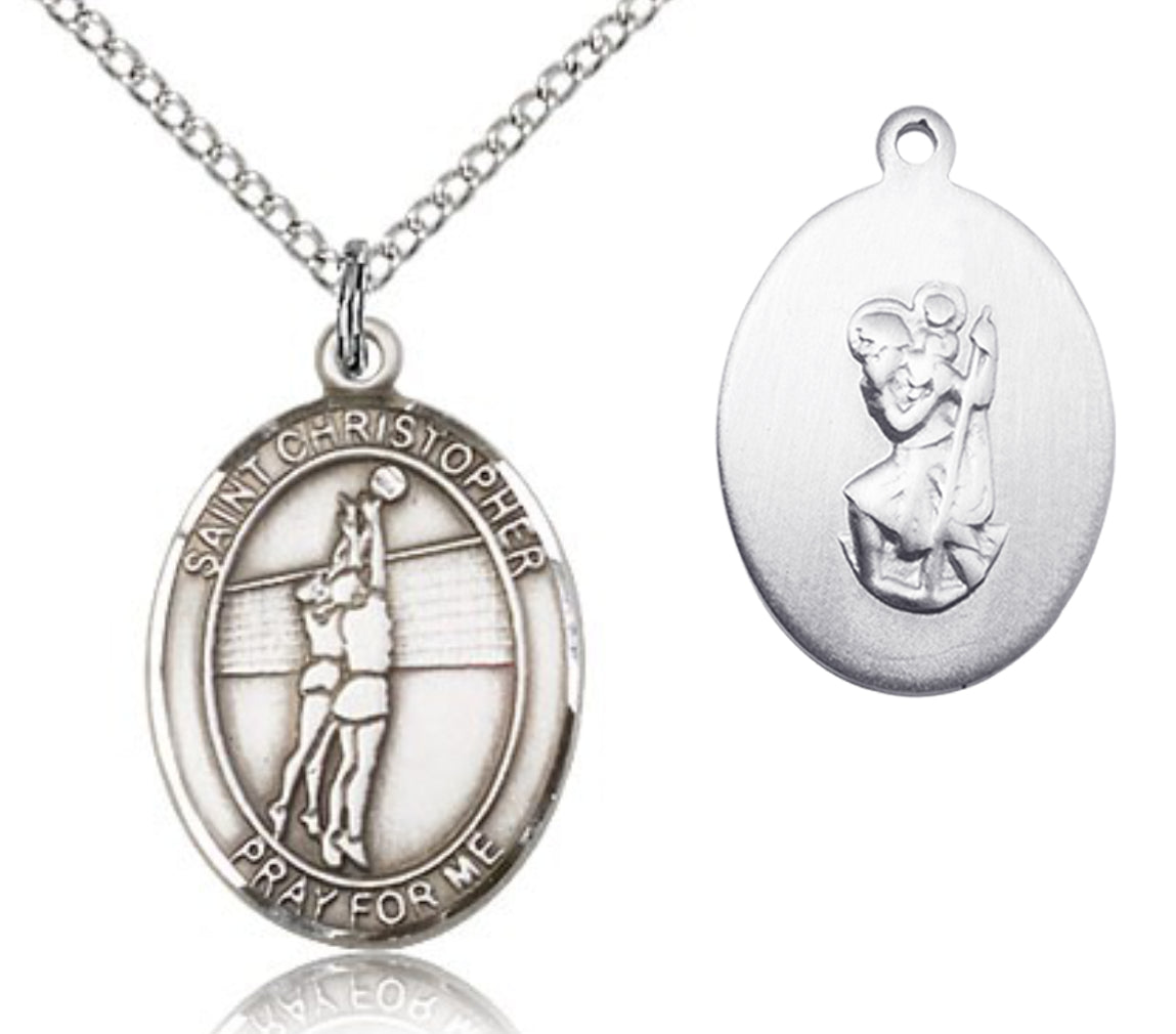 St. Christopher Volleyball Medal, Sterling Silver, Medium - 18&quot; 1.2mm Sterling Silver Chain + Clasp