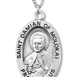 Boy's St. Damian of Molokai Necklace Oval Sterling Silver with Chain - 20&quot; 2.2mm Stainless Steel Chain with Clasp