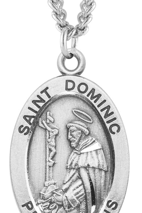 Men's Saint Dominic Sterling Silver Oval Necklace with Chain Options - 24&quot; Sterling Silver Chain + Clasp