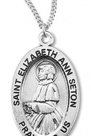 Women's St. Elizabeth Ann Seton Necklace Oval Sterling Silver with Chain Options - 18&quot; 1.8mm Sterling Silver Chain + Clasp