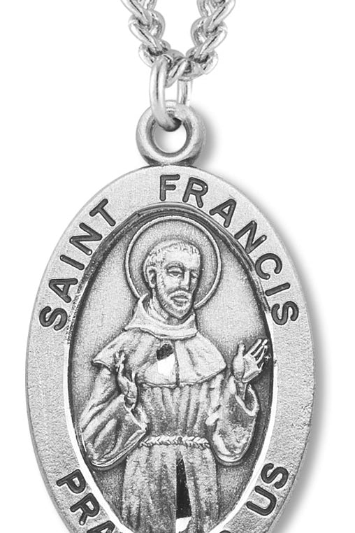 Men's Saint Francis Sterling Silver Oval Necklace with Chain Options