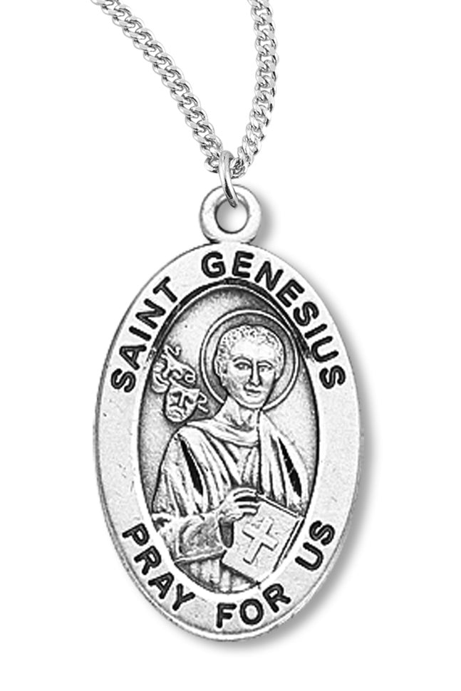 Boy's St. Genesius Necklace Oval Sterling Silver with Chain - 20&quot; 2.2mm Stainless Steel Chain with Clasp