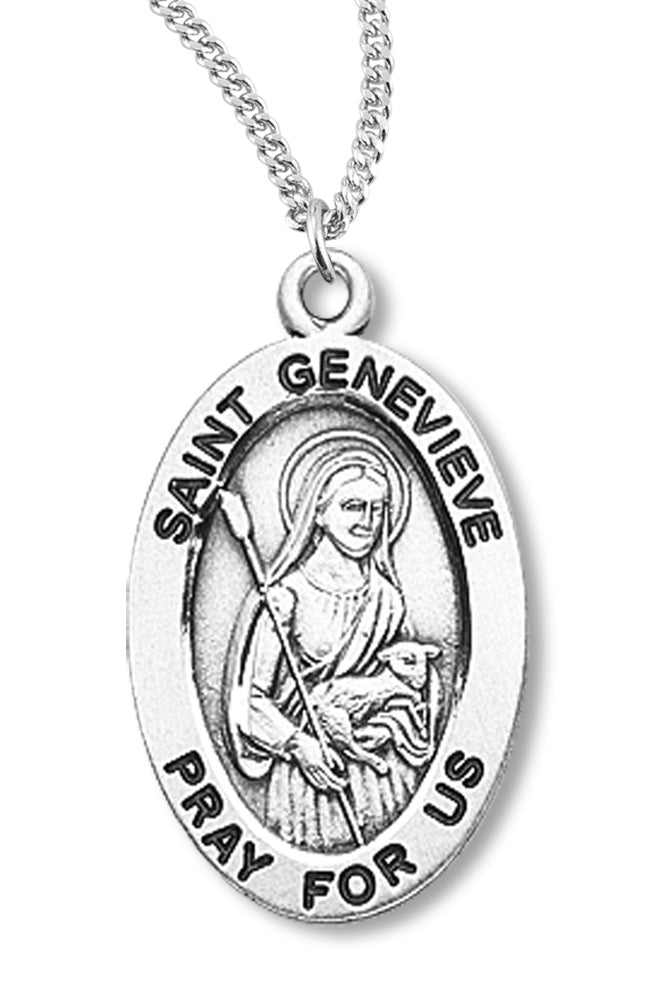 Women's St. Genevieve Necklace Oval Sterling Silver with Chain Options - 18&quot; 1.8mm Sterling Silver Chain + Clasp