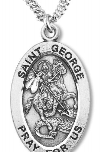 St. George Necklace Oval Sterling Silver with Chain - 20&quot; 2.2mm Stainless Steel Chain with Clasp