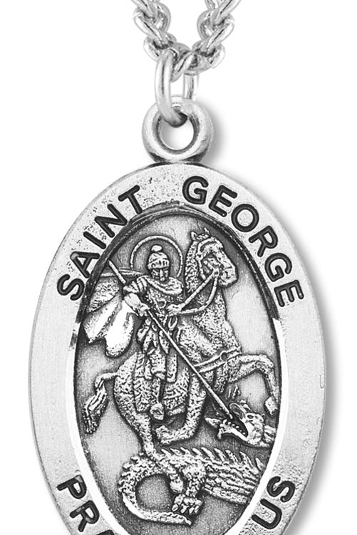 Men's St. George Necklace Oval Sterling Silver with Chain Options - 24&quot; Sterling Silver Chain + Clasp