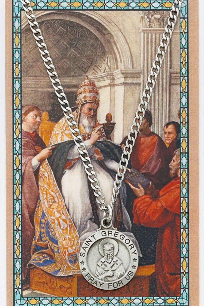 St. Gregory The Great Medal with Prayer Card - Silver tone