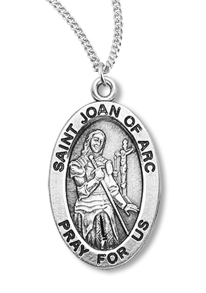 Women's St. Joan of Arc Necklace Oval Sterling Silver with Chain Options - 18&quot; 1.8mm Sterling Silver Chain + Clasp