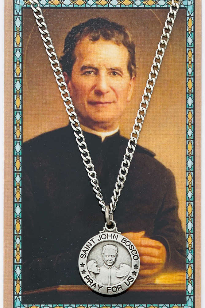 St. John Bosco Medal with Prayer Card - Silver tone
