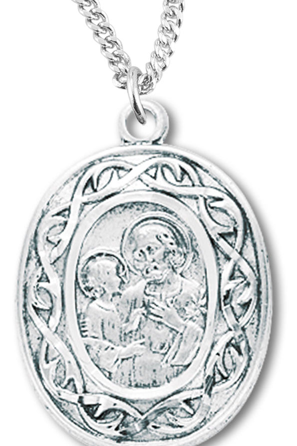 Women's Sterling Silver Oval Saint Joseph Necklace Fancy Scroll Border with Chain Options - 18&quot; 1.8mm Sterling Silver Chain + Clasp