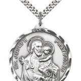 St. Joseph Medal, Sterling Silver - 24&quot; 2.4mm Rhodium Plate Chain + Clasp