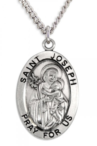 Boy's St. Joseph Necklace Oval Sterling Silver with Chain - 20&quot; 2.2mm Stainless Steel Chain with Clasp