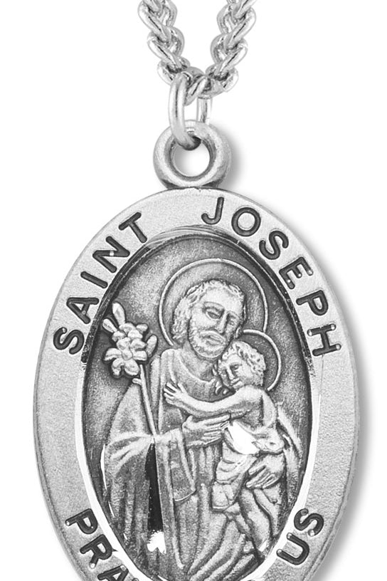 Men's St. Joseph Necklace Oval Sterling Silver with Chain Options - 24&quot; Sterling Silver Chain + Clasp