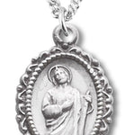 Women's Sterling Silver Oval Saint Jude Necklace with Scalloped Border with Chain Options - 18&quot; 1.8mm Sterling Silver Chain + Clasp