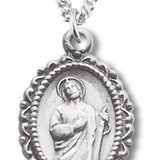 Women's Sterling Silver Oval Saint Jude Necklace with Scalloped Border with Chain Options - 18&quot; 1.8mm Sterling Silver Chain + Clasp