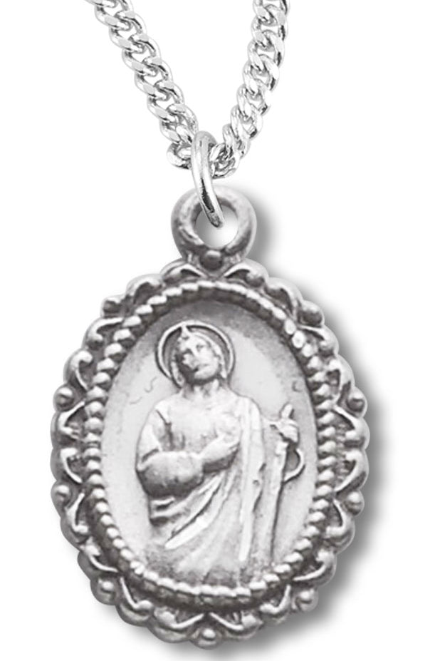 Women's Sterling Silver Oval Saint Jude Necklace with Scalloped Border with Chain Options - 18&quot; 1.8mm Sterling Silver Chain + Clasp