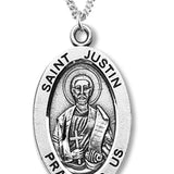 Boy's St. Justin Necklace Oval Sterling Silver with Chain - 20&quot; 2.2mm Stainless Steel Chain with Clasp