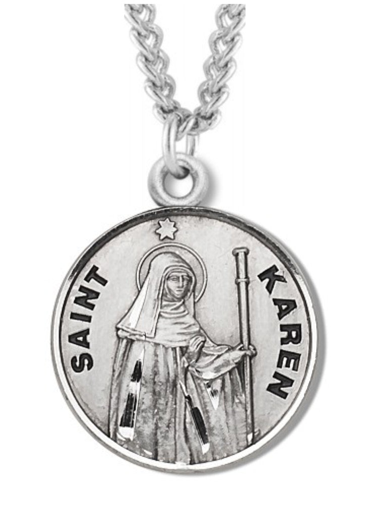 Women's St. Karen Necklace Round Sterling Silver with Chain Options - 18&quot; 1.8mm Sterling Silver Chain + Clasp