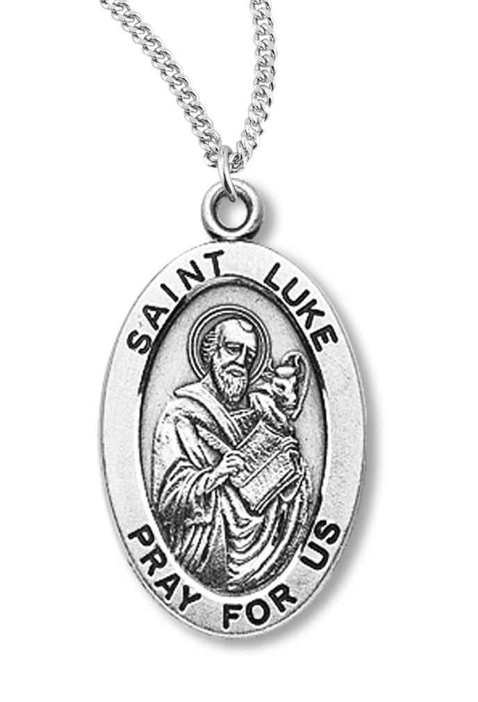 Boy's St. Luke Necklace Oval Sterling Silver with Chain - 20&quot; 2.2mm Stainless Steel Chain with Clasp
