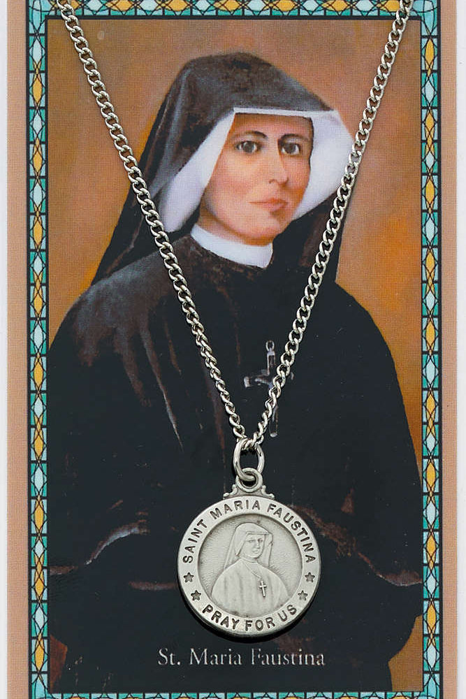 St. Maria Faustina Medal with Prayer Card - Silver tone
