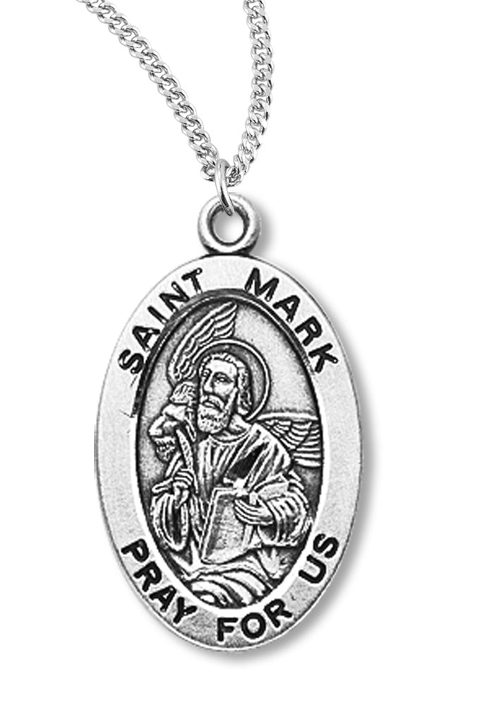 Boy's St. Mark Necklace Oval Sterling Silver with Chain - 20&quot; 2.2mm Stainless Steel Chain with Clasp
