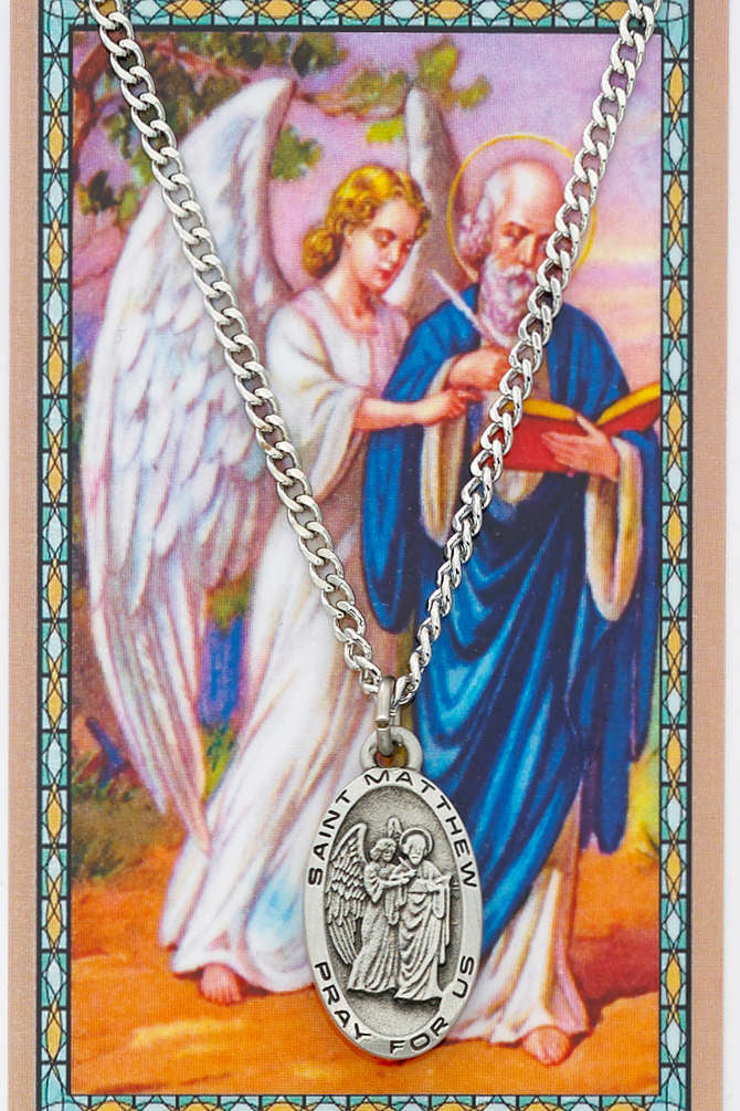 St. Matthew Medal and Prayer Card - Silver tone