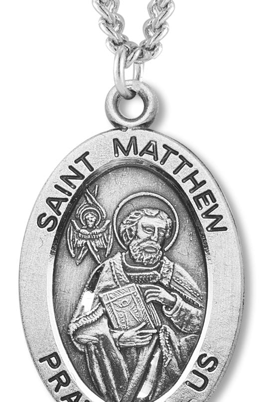 Men's St. Matthew Necklace Oval Sterling Silver with Chain Options