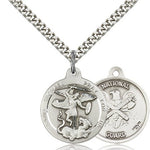 St. Michael National Guard Medal, Sterling Silver - 24&quot; 2.4mm Rhodium Plate Chain + Clasp