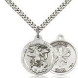 St. Michael National Guard Medal, Sterling Silver - 24&quot; 2.4mm Rhodium Plate Chain + Clasp