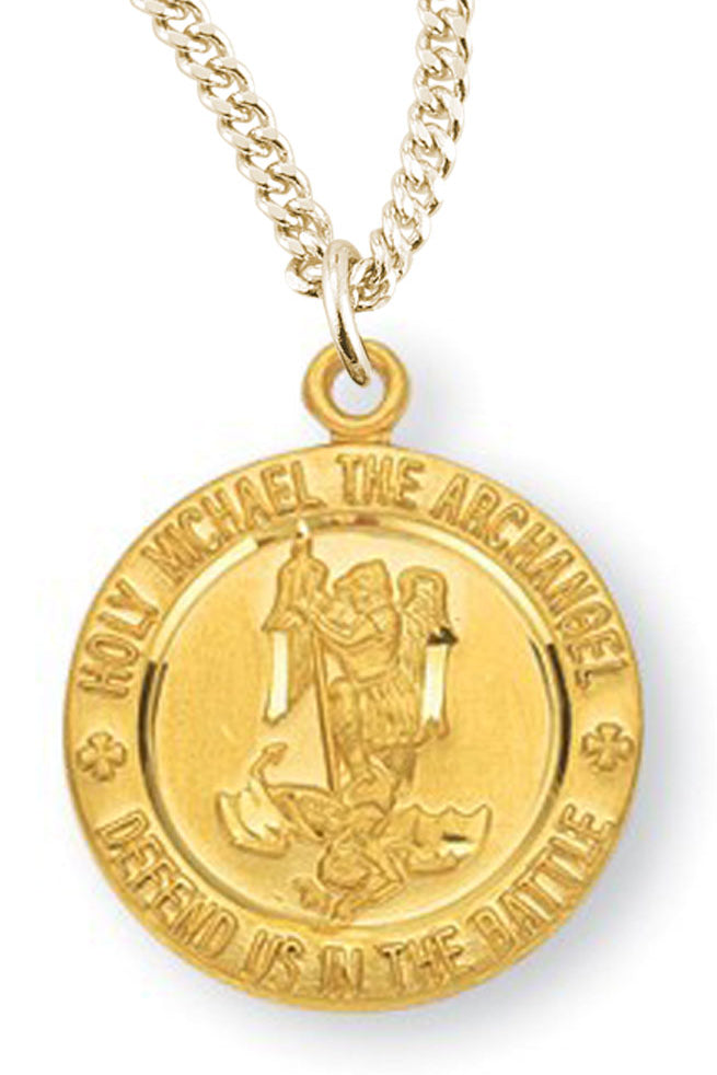 Women's Dainty 16kt Gold Over Sterling Silver Round Saint Michael Necklace + 18 Inch Gold Plated Chain &amp; Clasp - Gold-tone