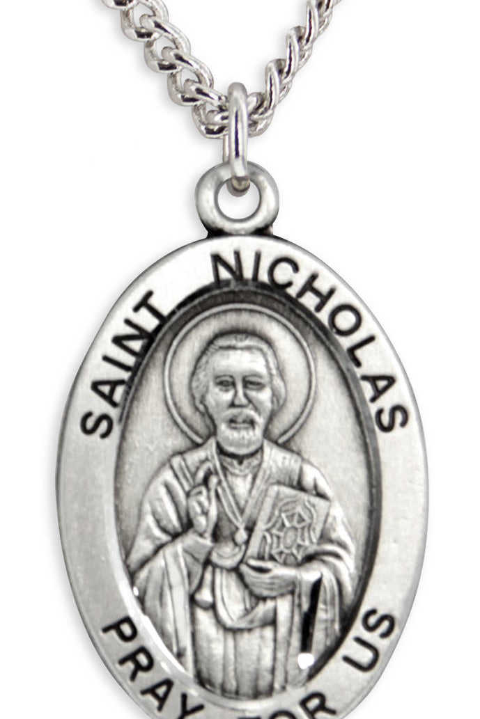 Men's St. Nicholas Necklace Oval Sterling Silver with Chain Options - 24&quot; Sterling Silver Chain + Clasp