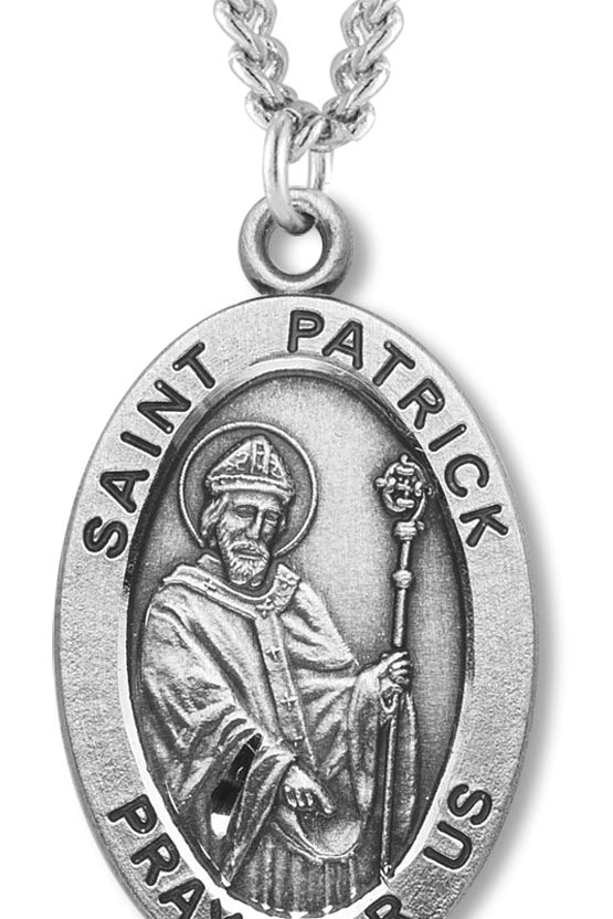 Men's St. Patrick Necklace Oval Sterling Silver with Chain Options - 24&quot; Sterling Silver Chain + Clasp