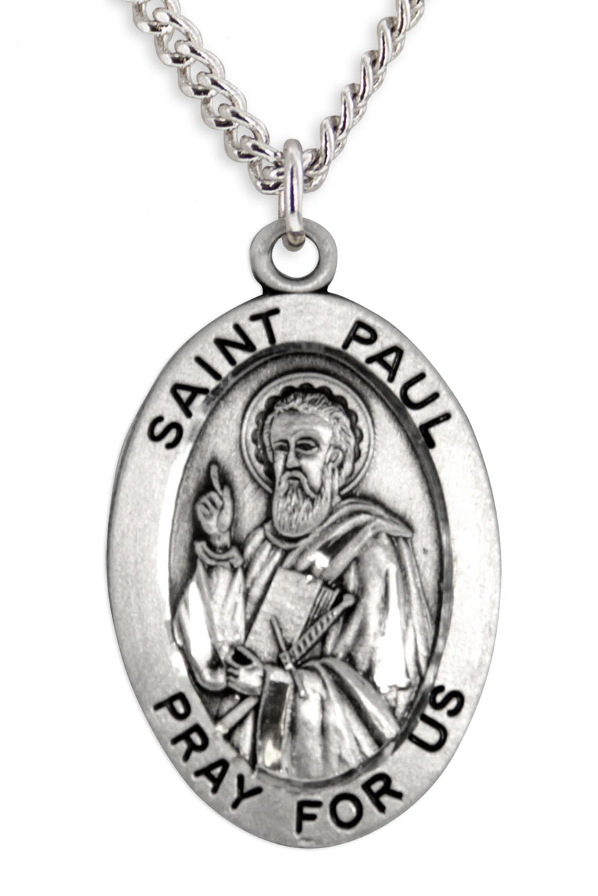Men's St. Paul Necklace Oval Sterling Silver with Chain Options - 24&quot; Sterling Silver Chain + Clasp