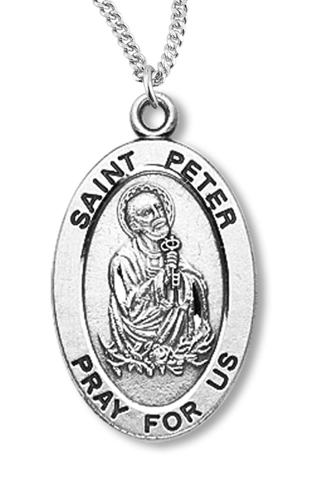 Boy's St. Peter Necklace Oval Sterling Silver with Chain - 20&quot; 2.2mm Stainless Steel Chain with Clasp