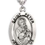 Men's St. Peter Necklace Oval Sterling Silver with Chain Options - 24&quot; Sterling Silver Chain + Clasp