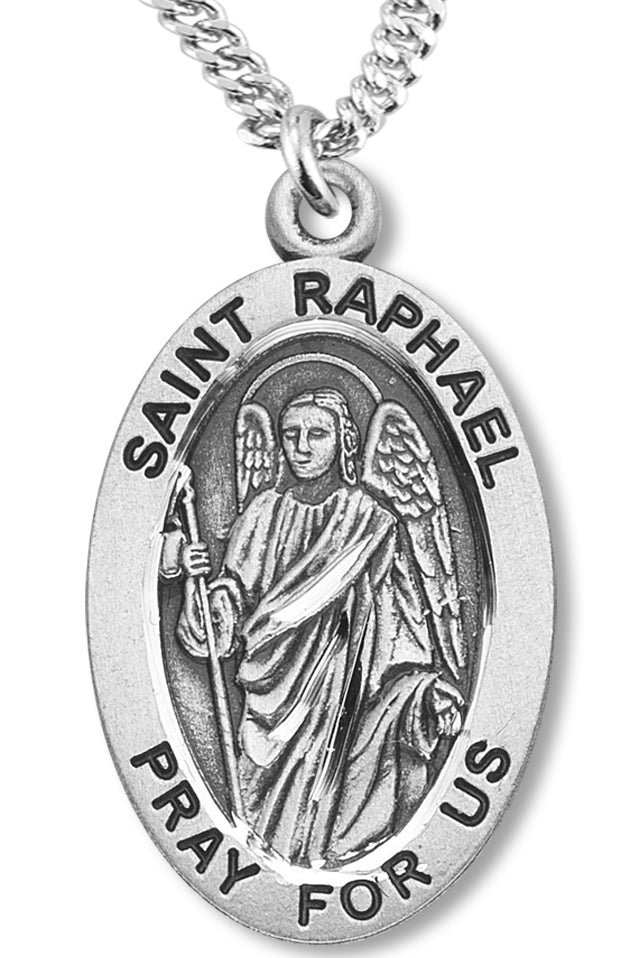 Boy's St. Raphael Necklace Oval Sterling Silver with Chain - 20&quot; 2.2mm Stainless Steel Chain with Clasp