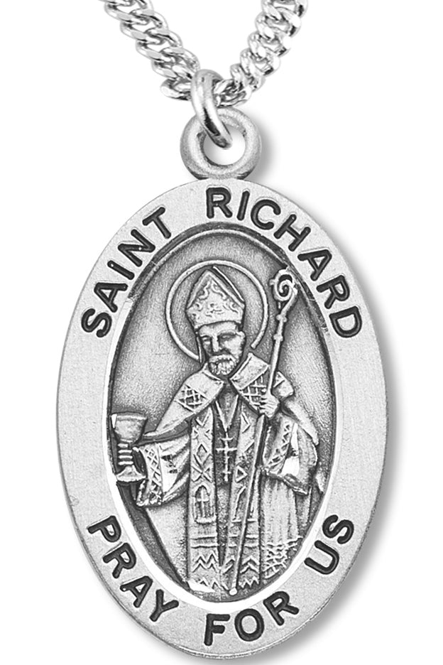 Boy's St. Richard Necklace Oval Sterling Silver with Chain - 20&quot; 2.2mm Stainless Steel Chain with Clasp