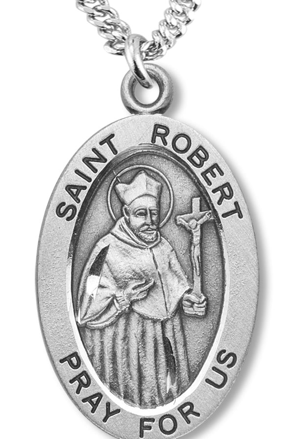 Boy's St. Robert Necklace Oval Sterling Silver with Chain - 20&quot; 2.2mm Stainless Steel Chain with Clasp