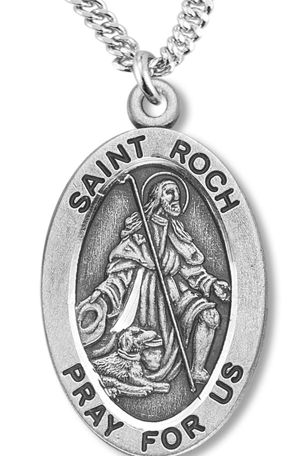 Boy's St. Roch Necklace Oval Sterling Silver with Chain - 20&quot; 2.2mm Stainless Steel Chain with Clasp