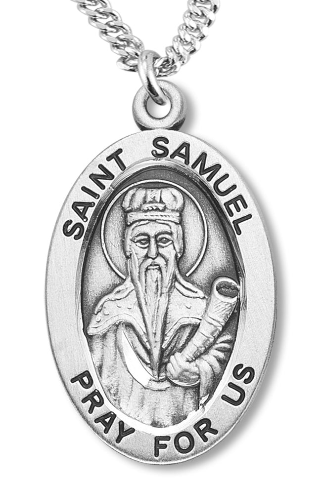 Boy's St. Samuel Necklace Oval Sterling Silver with Chain - 20&quot; 2.2mm Stainless Steel Chain with Clasp