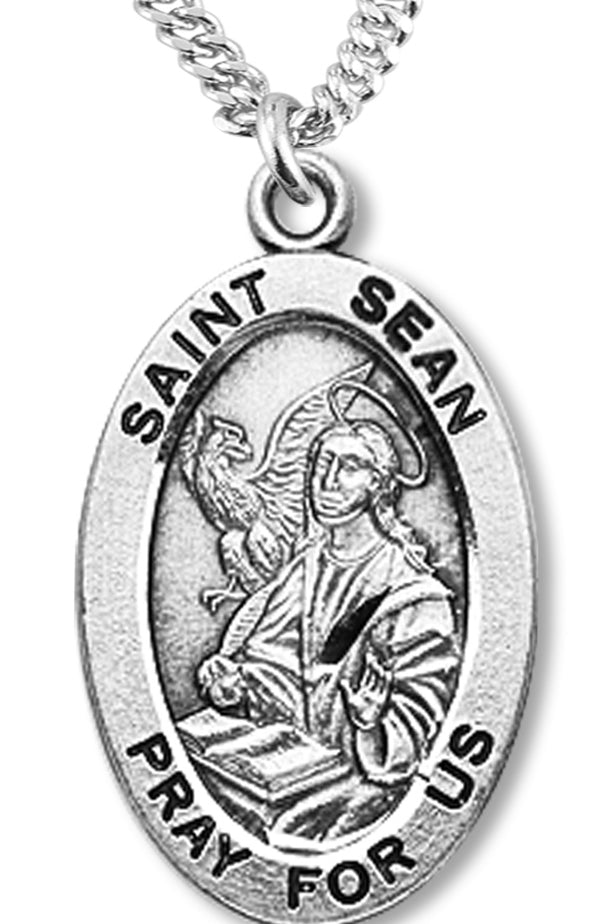 Boy's St. Sean Necklace Oval Sterling Silver with Chain - 20&quot; 2.2mm Stainless Steel Chain with Clasp