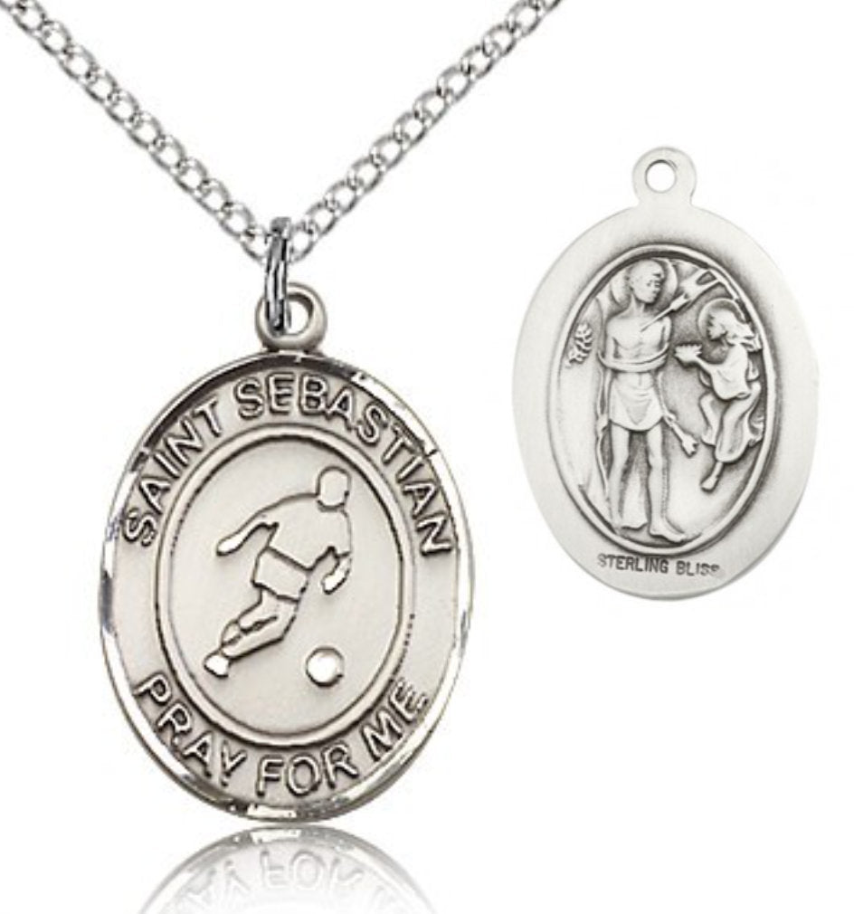 St. Sebastian Soccer Medal, Sterling Silver, Medium - 18&quot; 1.2mm Sterling Silver Chain + Clasp