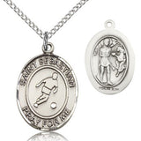 St. Sebastian Soccer Medal, Sterling Silver, Medium - 18&quot; 1.2mm Sterling Silver Chain + Clasp