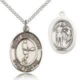 St. Sebastian Tennis Medal, Sterling Silver, Medium - 18&quot; 1.2mm Sterling Silver Chain + Clasp